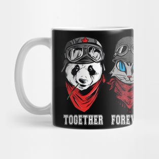 Cute Panda and cat couple in helmet and goggles with the words together forever. Mug